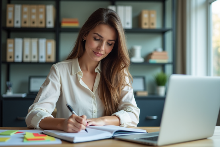 Femme organisée prenant des notes dans un bureau moderne