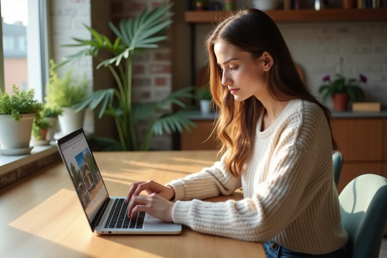Jeune femme cherchant des annonces immobilières sur un ordinateur
