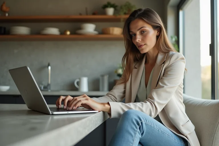 Femme en blazer recherche immobilier dans une cuisine lumineuse