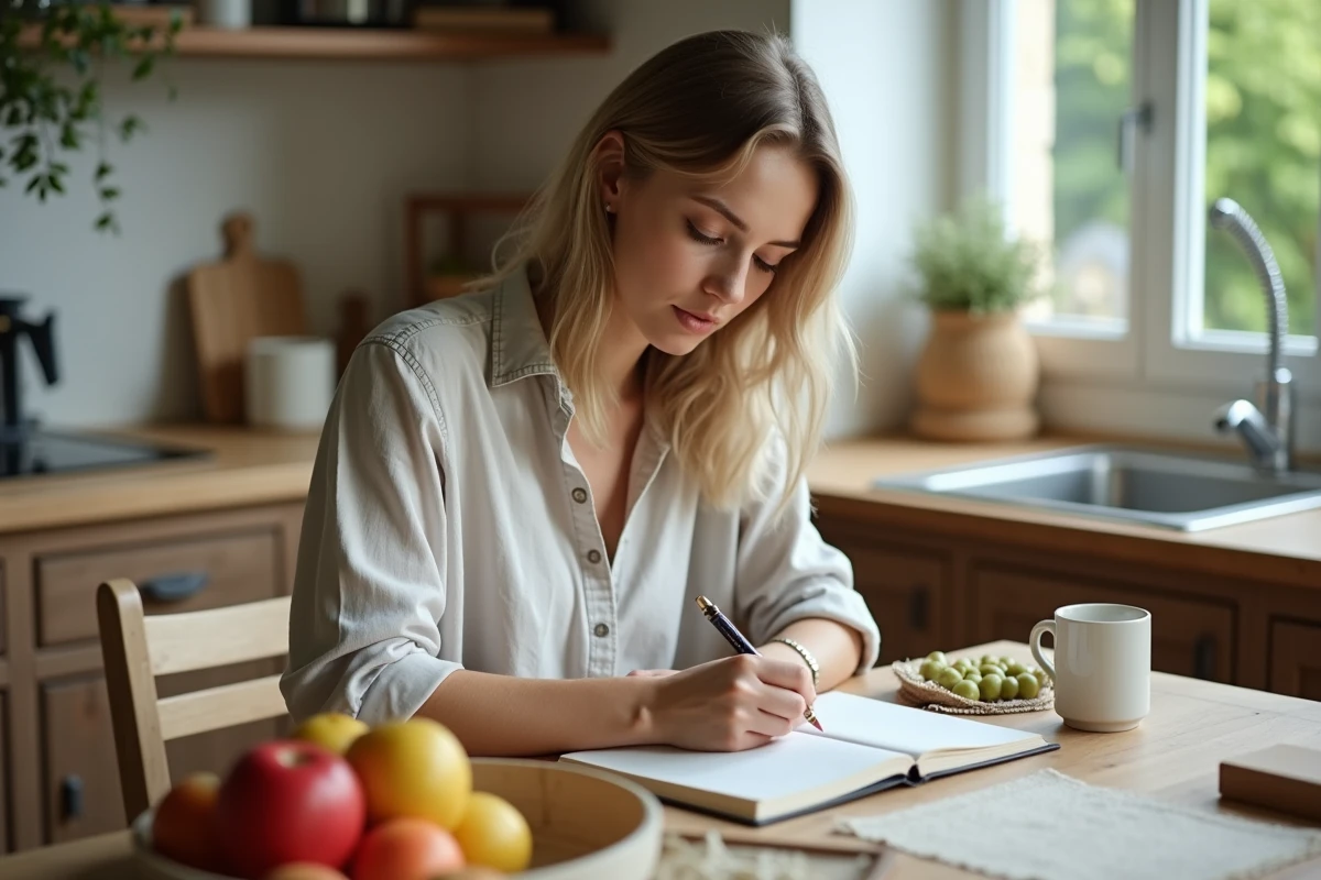 Jeune femme dans la cuisine arrangeant des fruits et ecrivant