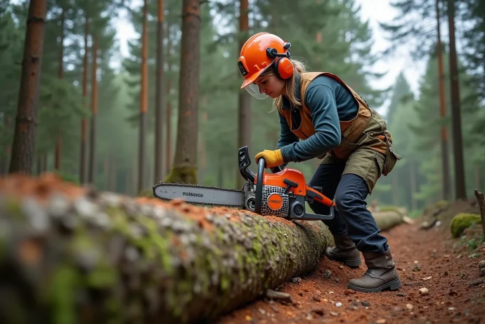 Femme professionnelle en équipement de sécurité forestier coupant un tronc avec une tronçonneuse dans une clairière boisée