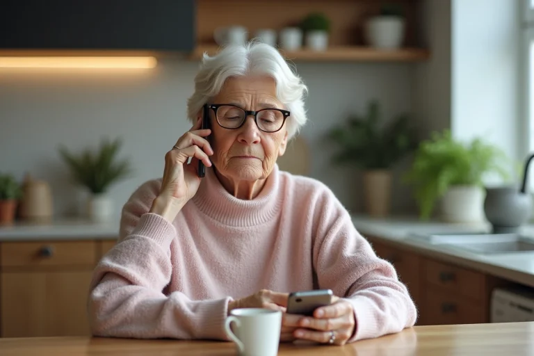 Femme senior dans sa cuisine écoute son téléphone