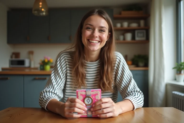 Jeune femme souriante déballant un cadeau à la maison
