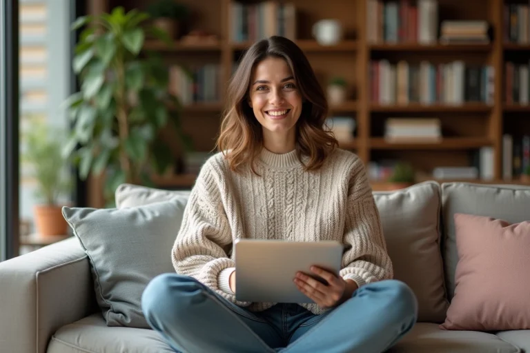 Femme souriante dans un salon cosy et bien decoré