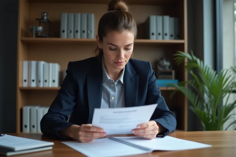 Femme en bureau examinant des documents administratifs français