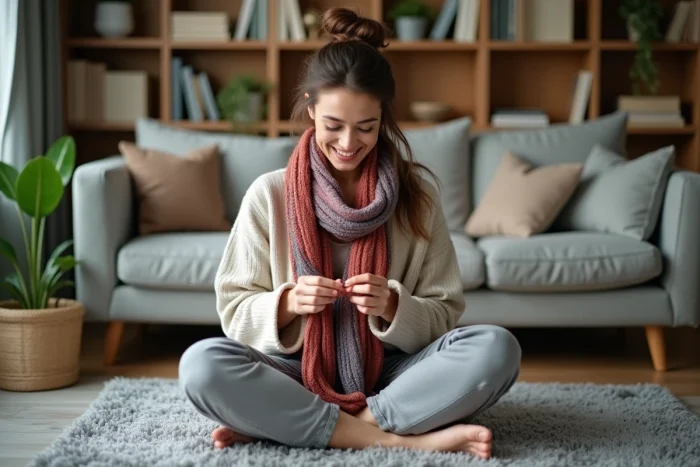 Femme souriante en loungewear tricotant un écharpe colorée dans un salon cosy