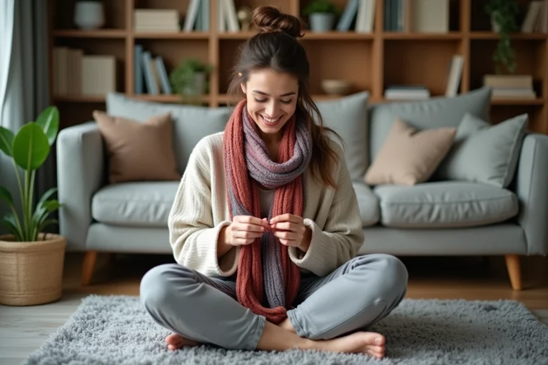 Femme souriante en loungewear tricotant un écharpe colorée dans un salon cosy