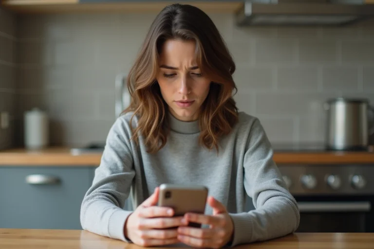 Femme perplexe regardant son smartphone pour vérifier un accusé de réception SMS sur un numéro bloqué