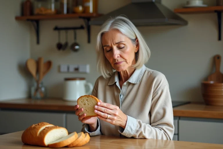 Femme inspectant un pain tranché dans la cuisine moderne