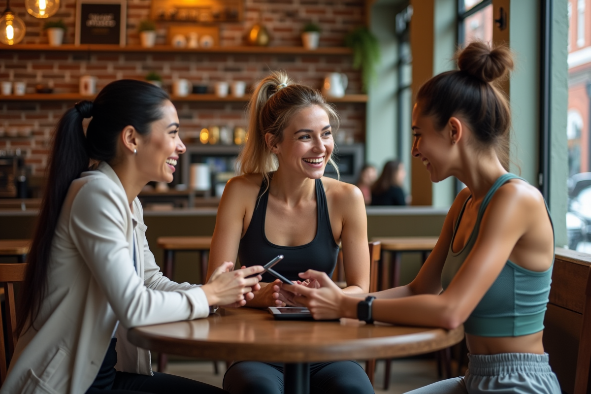 Trois femmes discutant autour d une table dans un café sportif
