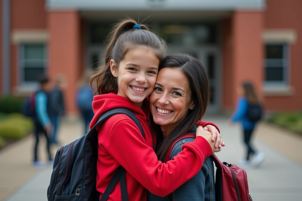 Fille de 10 ans embrassant sa mère devant l école