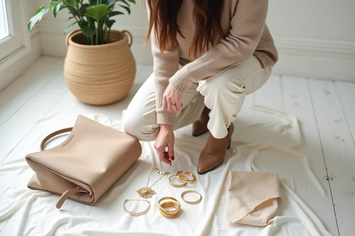 Jeune femme arrangeant un flat lay d'accessoires de mode tendance incluant sac, bijoux et bottines sur fond de lin blanc