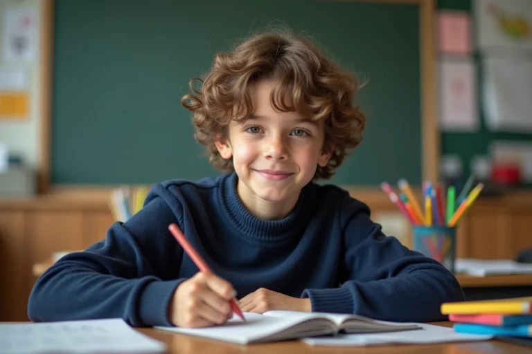 Garçon de 9 ans écrit en classe avec concentration