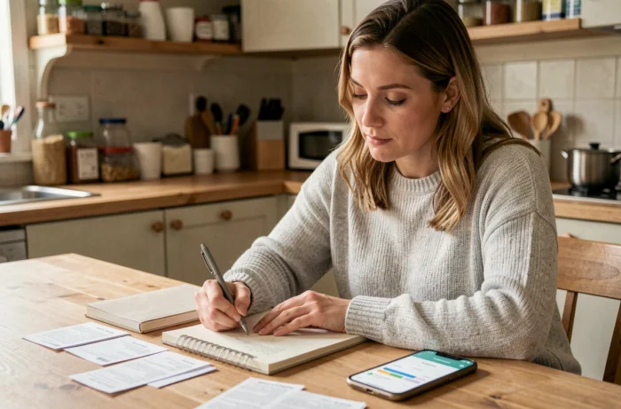 Femme gérant son budget familial à la table de cuisine avec un carnet et une application mobile de finances personnelles