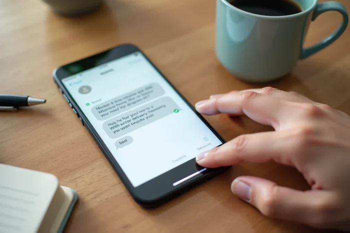 Gros plan d'un smartphone affichant un SMS sans accusé de réception complet, posé sur un bureau en bois clair