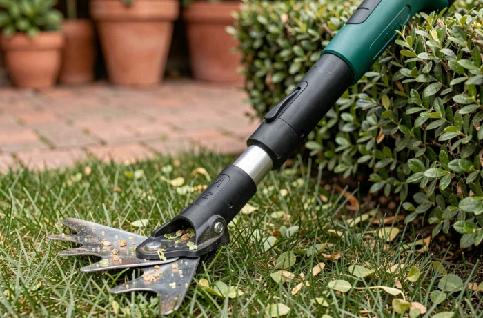 Gros plan d'un taille-haie télescopique posé contre une haie de buis fraîchement taillée dans un jardin résidentiel