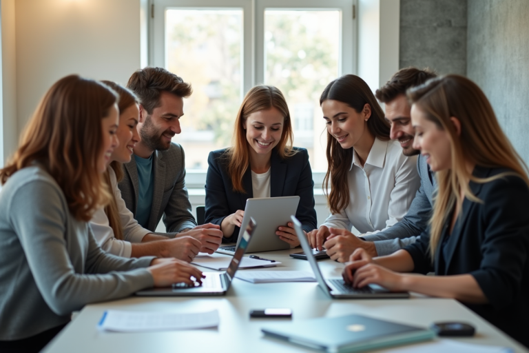 Groupe de petits entrepreneurs collaborant autour d'une tablette moderne