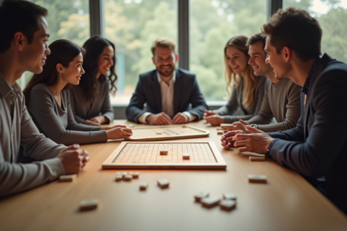 Groupe de personnes jouant au mot croise sur une table