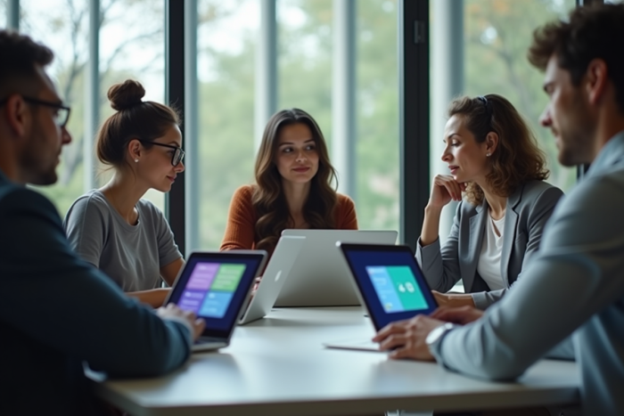 Groupe de professionnels collaborant autour d'un bureau lumineux