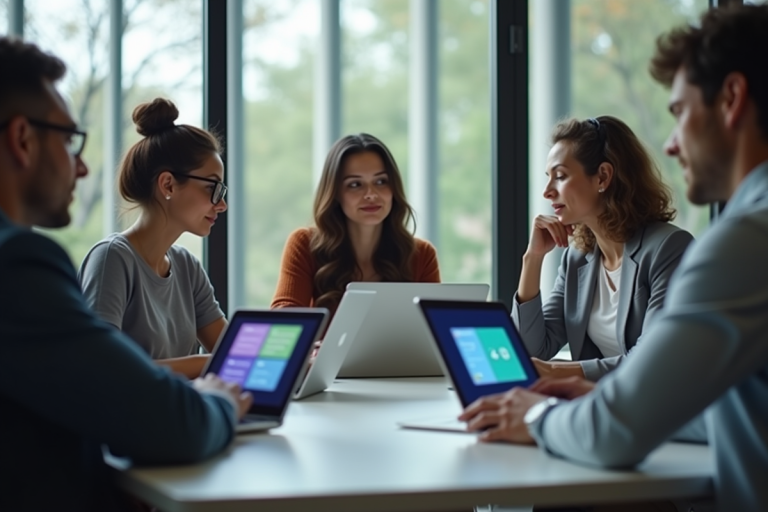 Groupe de professionnels collaborant autour d'un bureau lumineux