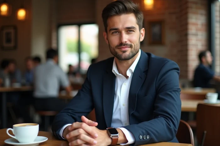 Homme stylé en blazer marine avec une montre en cuir et des lunettes de soleil dans un café tendance