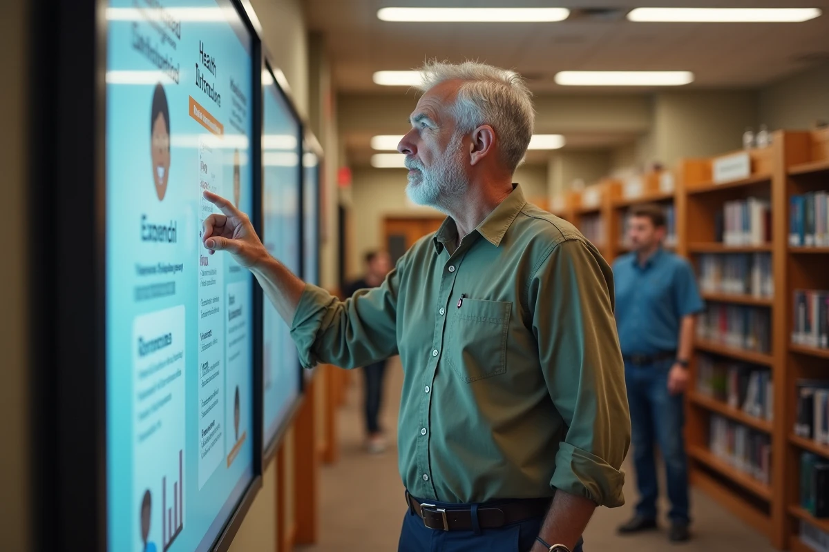 Homme pointant une affiche interactive en bibliothèque