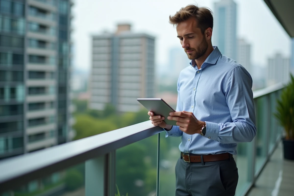 Homme professionnel sur balcon urbain consulte annonces immobilières