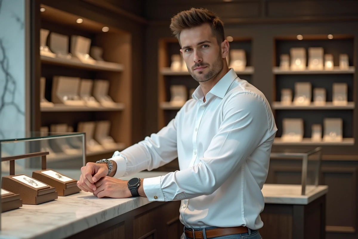 Homme ajustant une montre dans une boutique raffinée