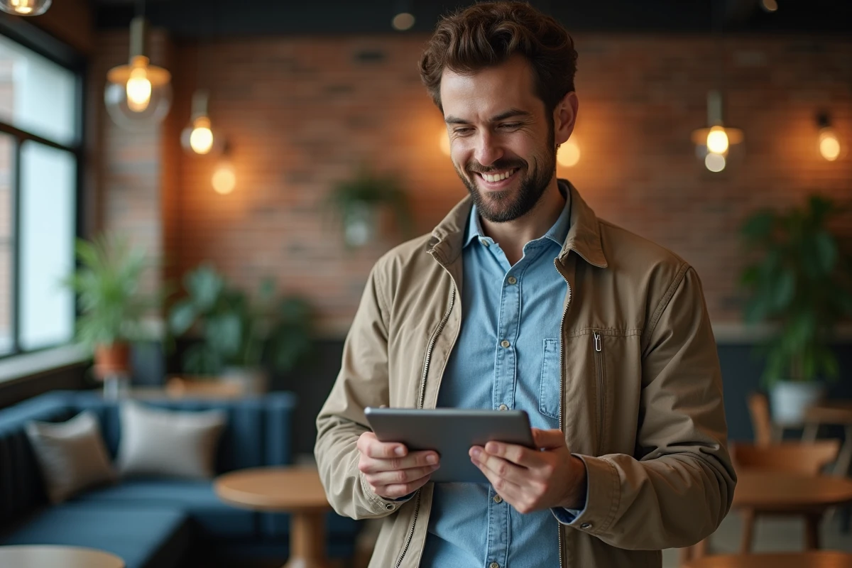 Homme souriant discutant de tendances sur une tablette