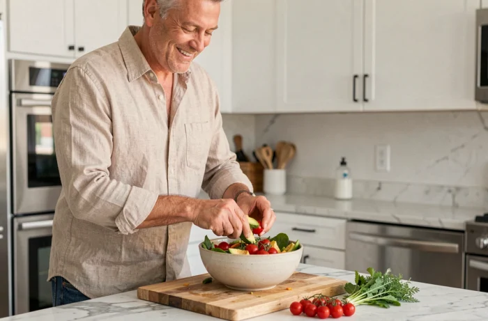 Homme préparant une salade colorée et nutritive dans une cuisine moderne, représentant l'importance d'une alimentation saine au quotidien