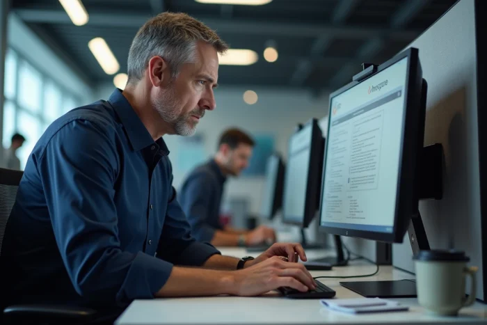 Homme en entreprise consultant un guide de dépannage de connexion sur double écran
