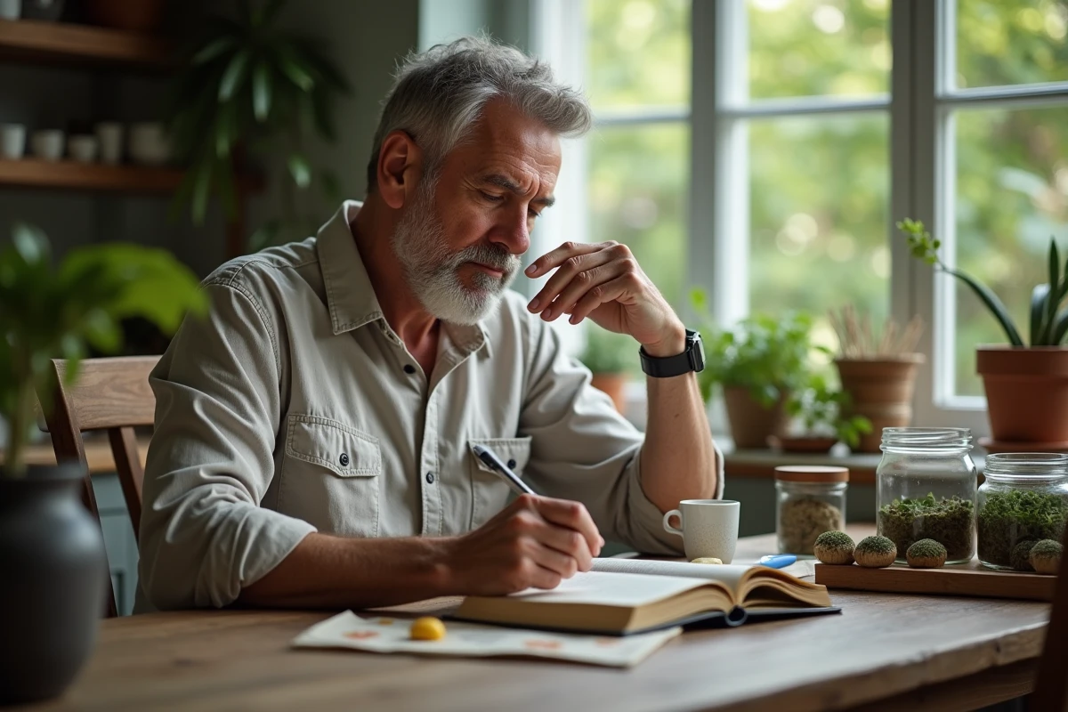 Homme lisant un livre sur les remedes naturels à la cuisine