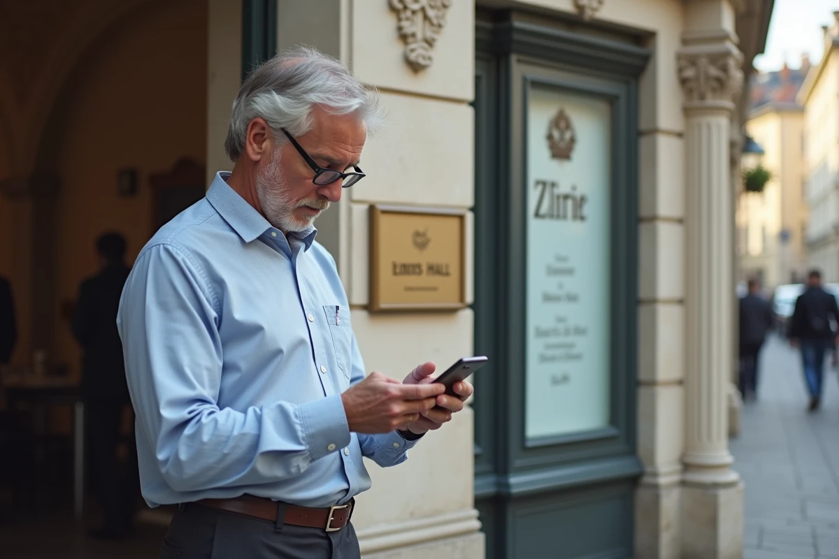 Homme vérifiant des infos sur son smartphone devant la mairie