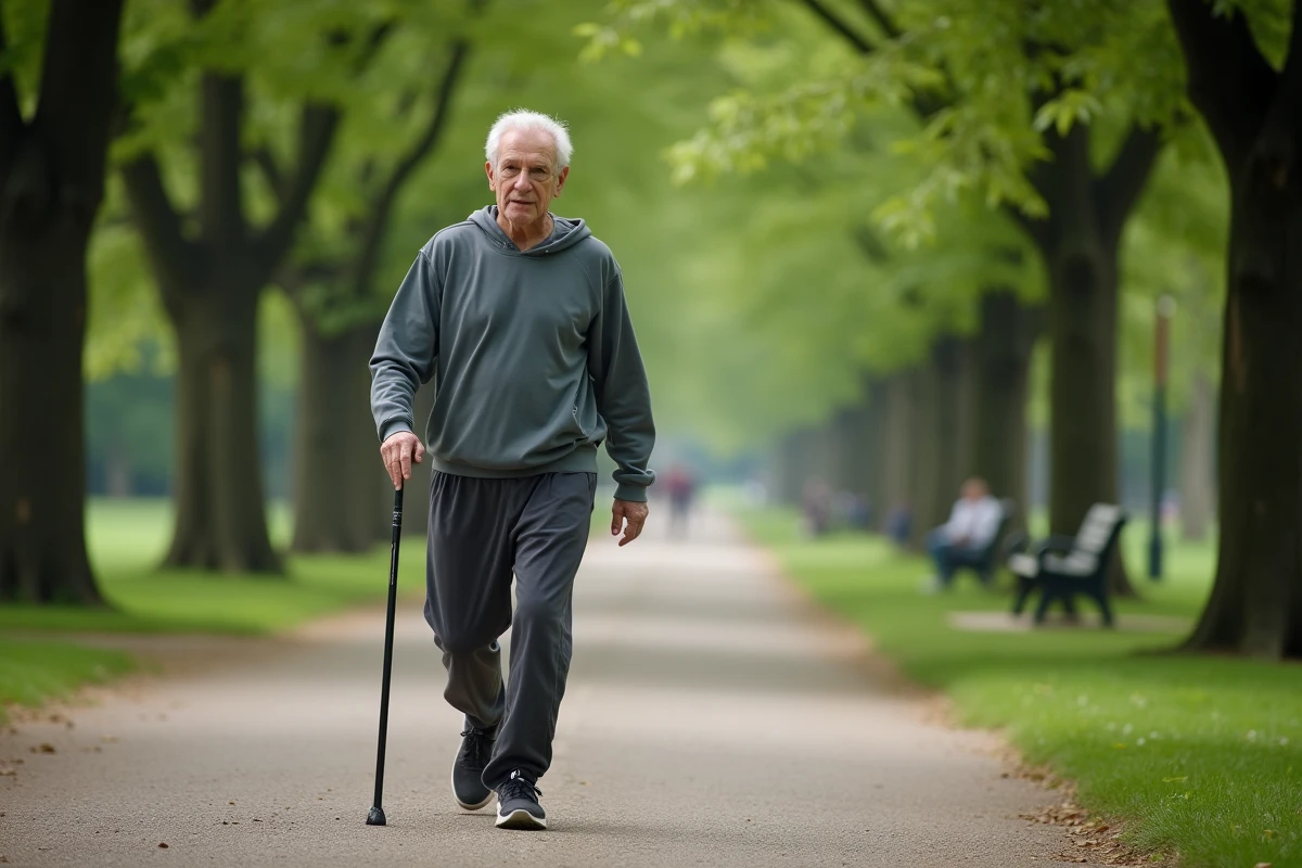 Homme âgé marchant dans un parc avec canne