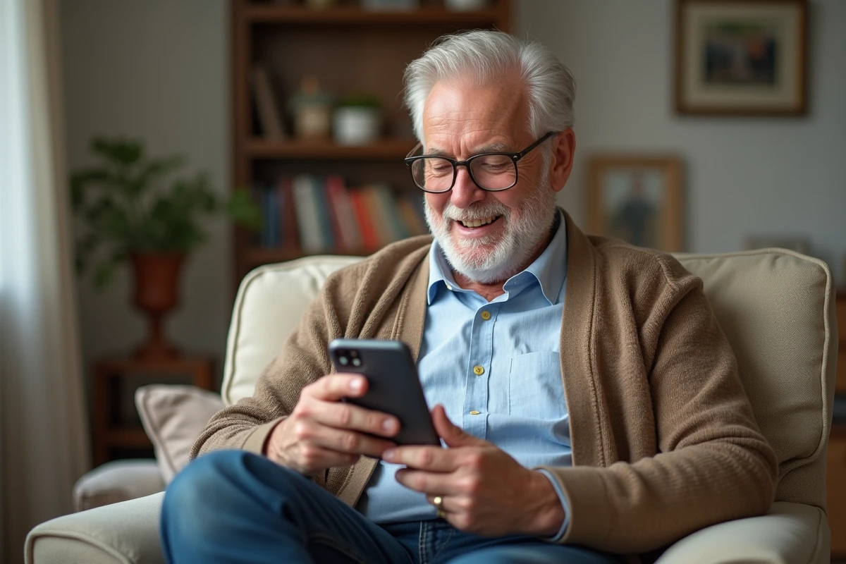 Homme senior dans son salon regarde son téléphone
