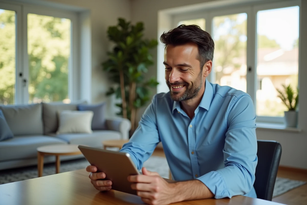 Homme vérifiant son inscription sur une tablette dans le salon