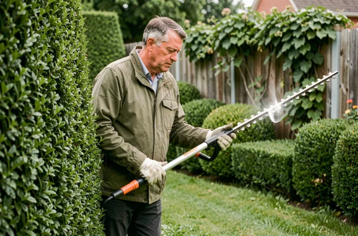 Homme utilisant un taille-haie télescopique pour tailler une grande haie dans un jardin bien entretenu