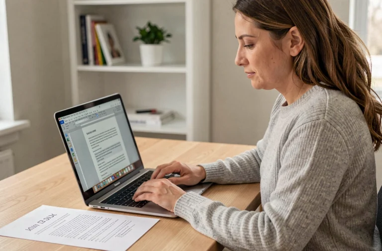 Femme utilisant Microsoft Word pour imprimer un document en miroir sur son bureau à domicile