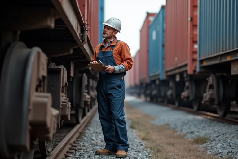 Homme wagoniste inspectant un couplage de wagons de fret