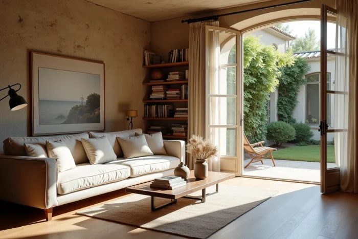 Intérieur élégant d'un salon de résidence française avec parquet en chêne et murs en pierre