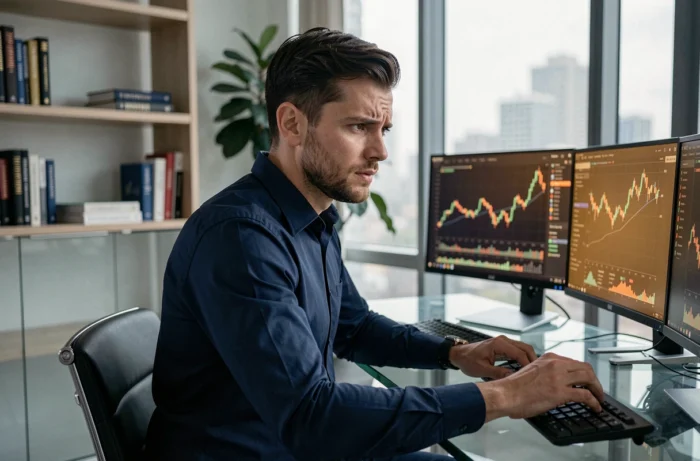Homme analysant des graphiques de cryptomonnaies sur deux écrans dans un bureau moderne en 2024