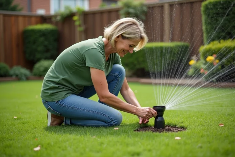 Femme en jardinage examine la pelouse humide près d'un arroseur
