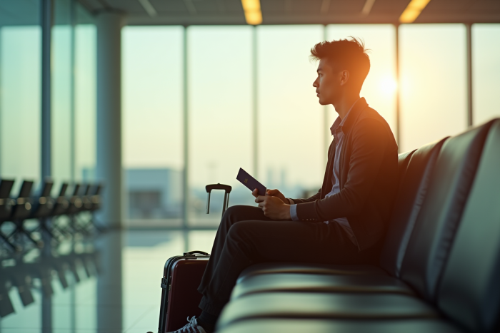 Jeune adulte assis dans un salon d'aéroport avec valise et passeport