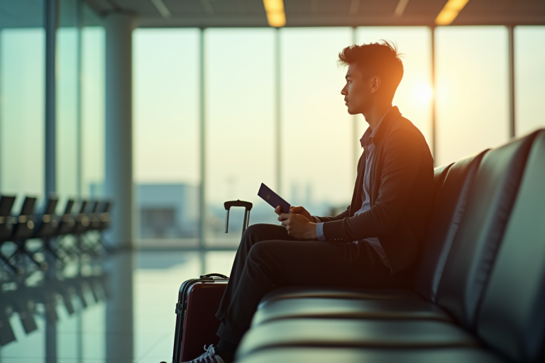 Jeune adulte assis dans un salon d'aéroport avec valise et passeport