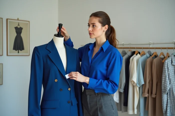 Jeune créatrice de mode indépendante dans un showroom parisien tenant une étiquette de prix d'un vêtement de sa propre collection