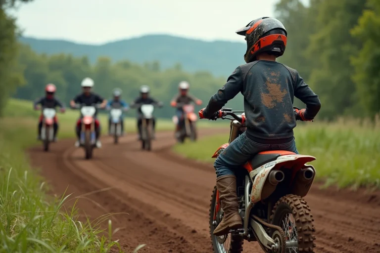 Jeune garçon en équipement motocross sur piste boueuse