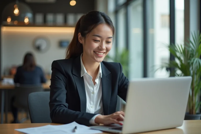 Jeune femme professionnelle au bureau utilisant un ordinateur portable