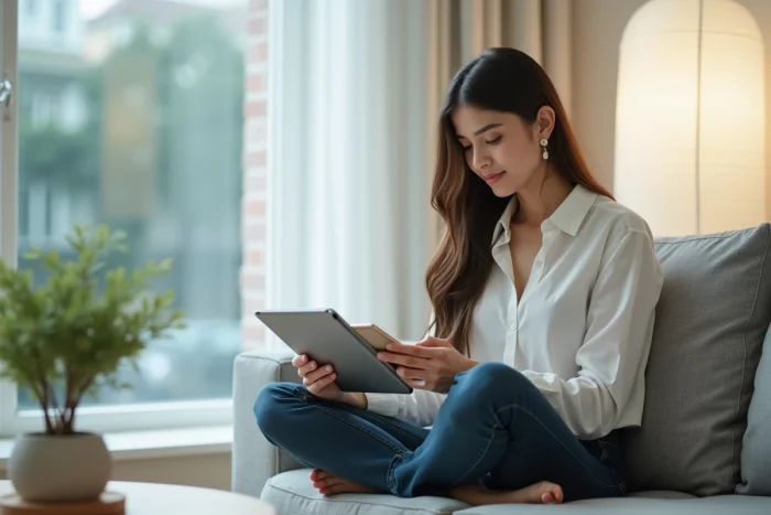 Jeune femme suivant un guide de dépannage de connexion sur tablette et smartphone dans son salon