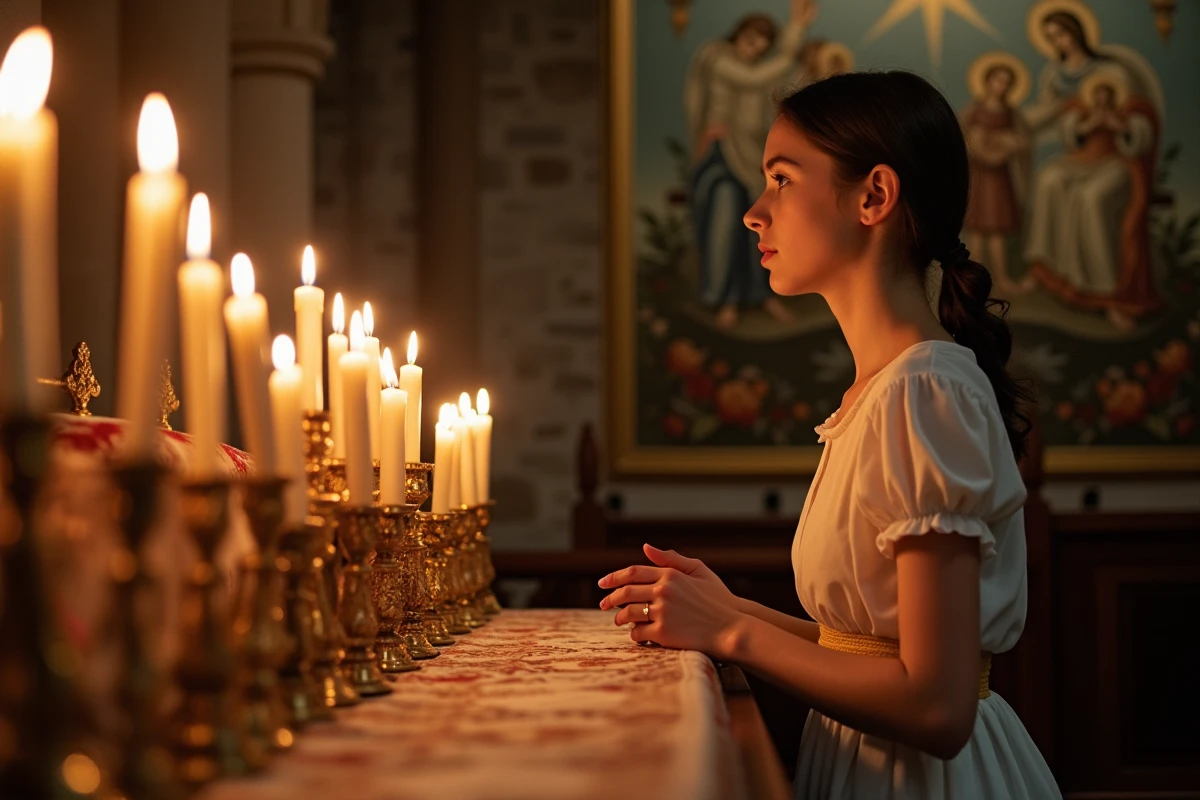 Jeune femme en prière près d’un autel avec des bougies allumées dans une chapelle
