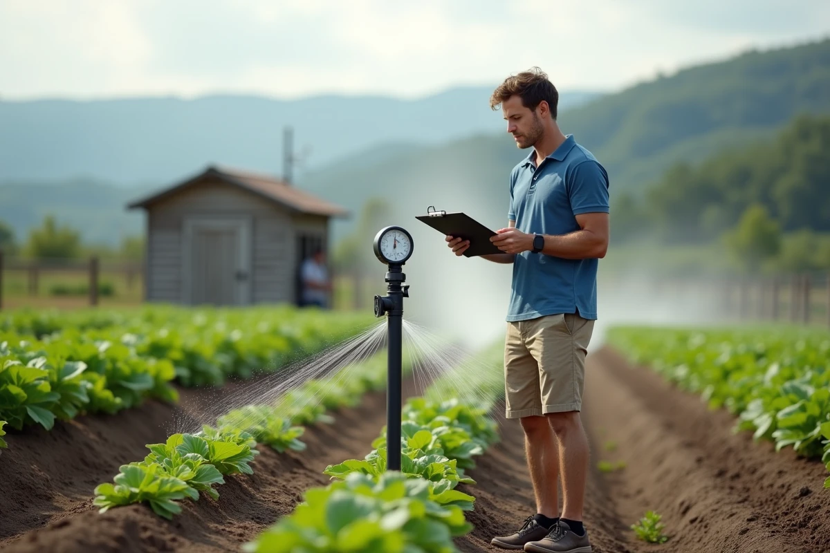 Jeune homme avec pluviomètre dans jardin rural avec légumes